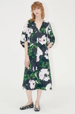 STINE GOYA 3/4 Volume Sleeves Midi Dress - Umber Windflower UmberWindflower Hot