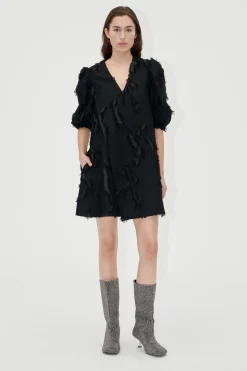 STINE GOYA Puffy Sleeves Mini Dress - Jet Black JetBlack New