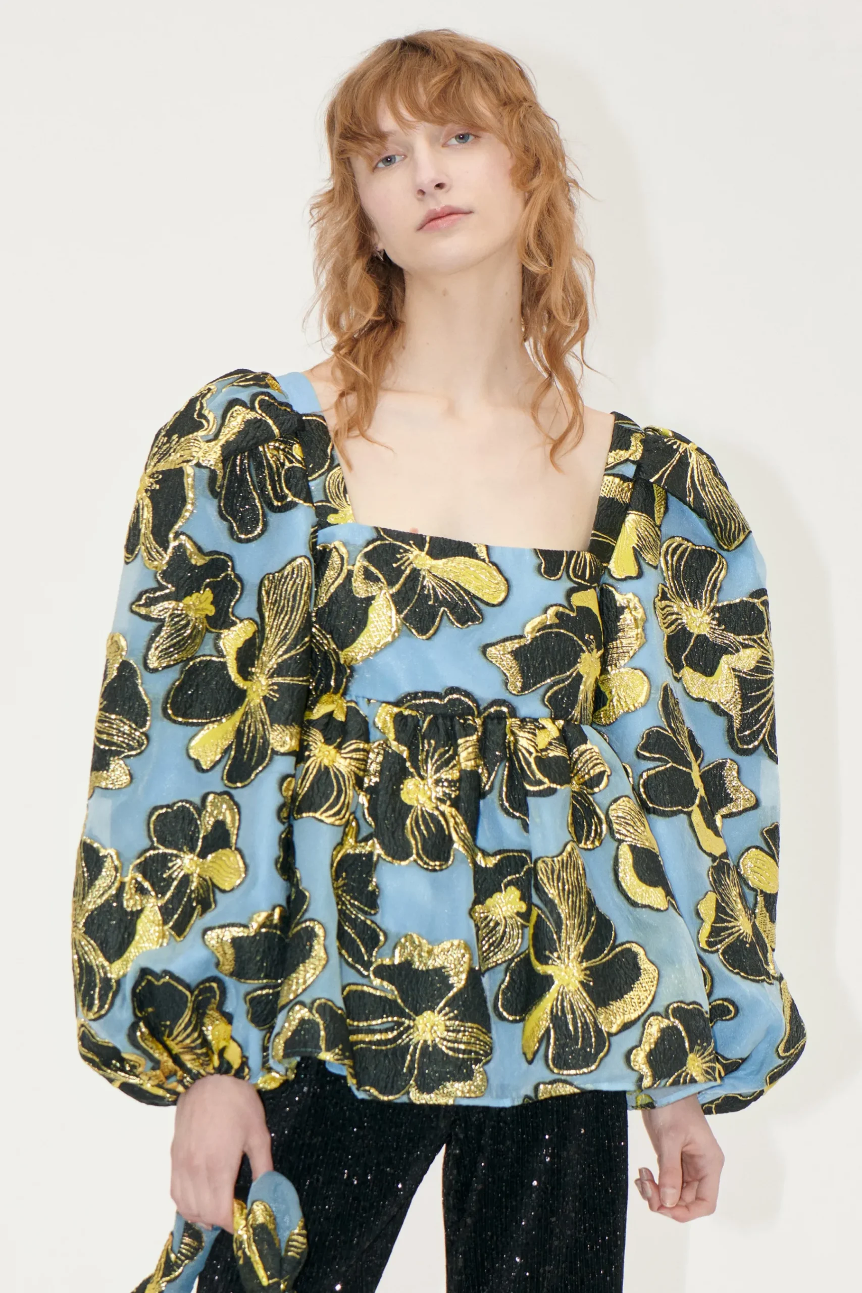 STINE GOYA Square Neck Long Sleeve Top - Blue Anemone Jacquard BlueAnemoneJacquard Online