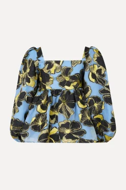 STINE GOYA Square Neck Long Sleeve Top - Blue Anemone Jacquard BlueAnemoneJacquard Online