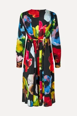 STINE GOYA Voluminous V Neck Midi Dress - Watercolor Bloom WatercolorBloom Store